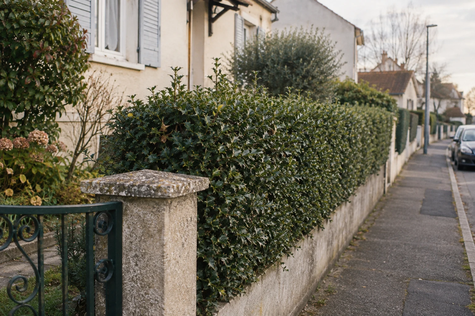 Haie persistante taillée en limite de propriété le long d’un trottoir