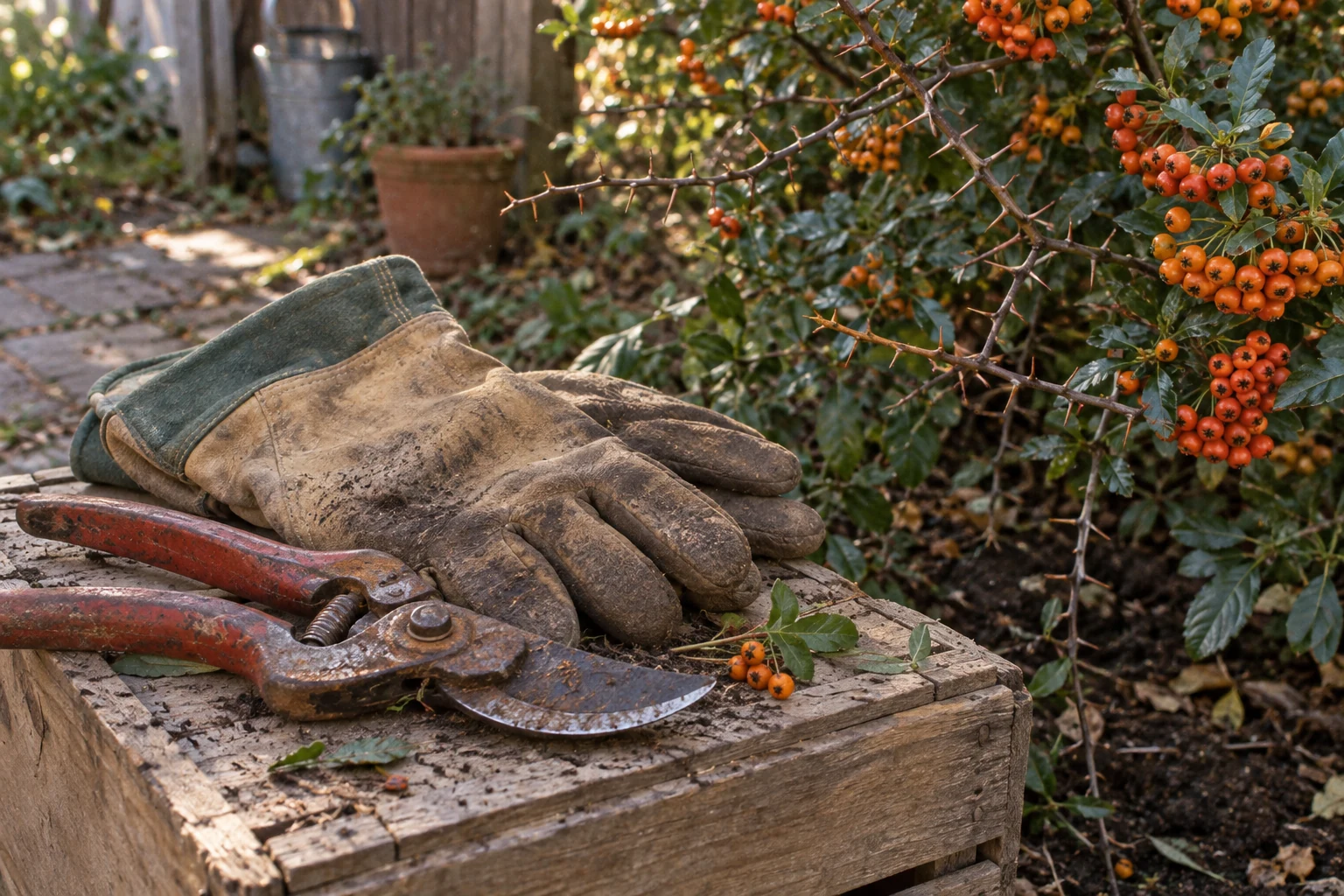 Gants de cuir et sécateur près d’un pyracantha chargé de baies