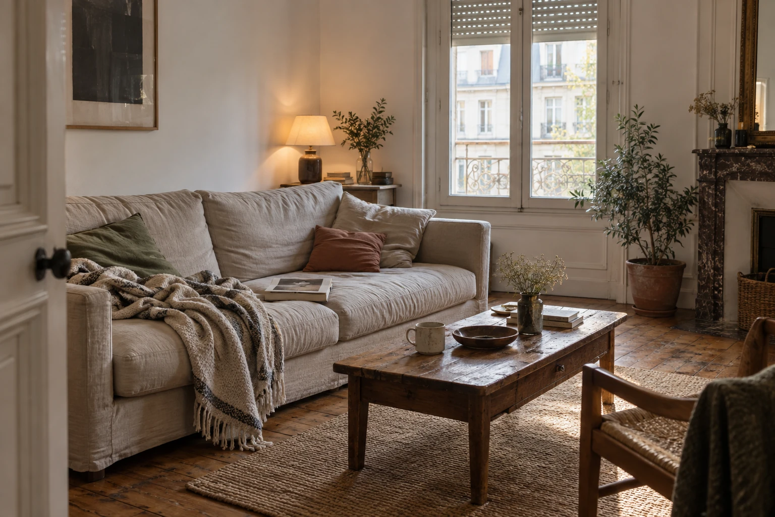 Salon habité, volets entrouverts, lumière du matin