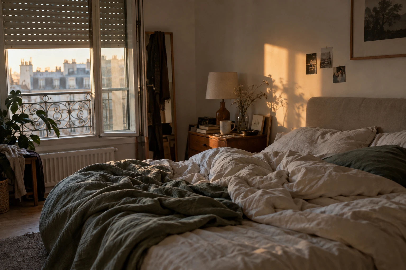 Chambre au réveil, linge et lumière